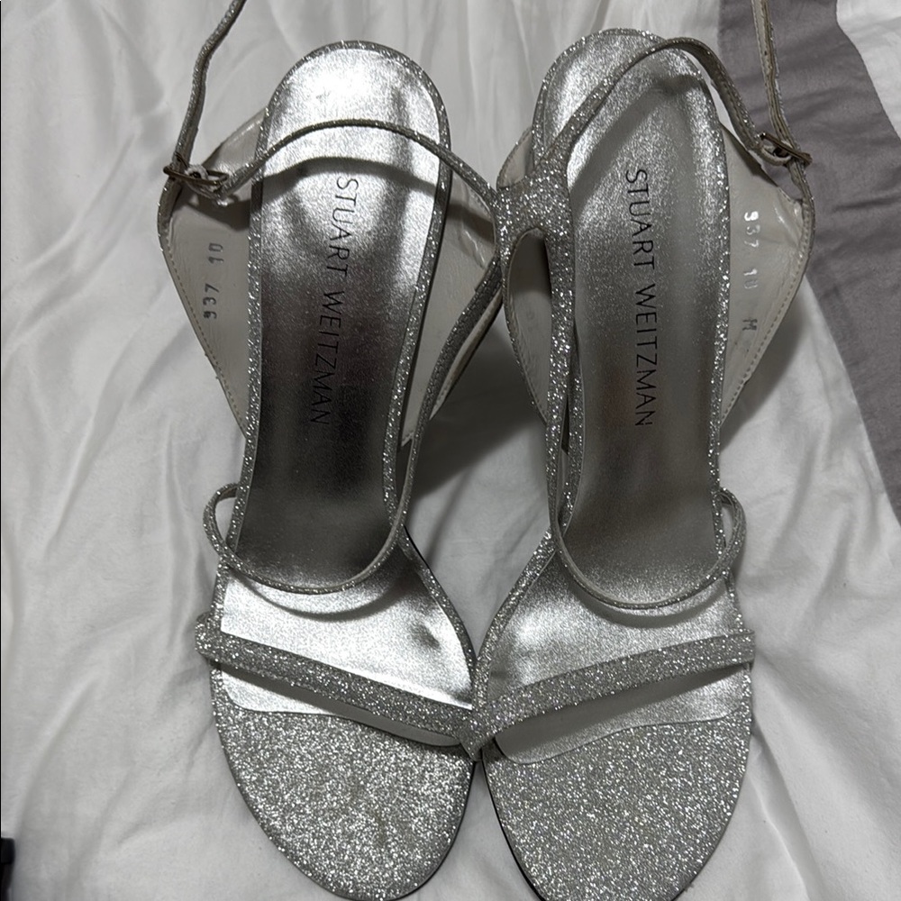 Stuart Weitzman Silver Heels Glamorous Sparkle